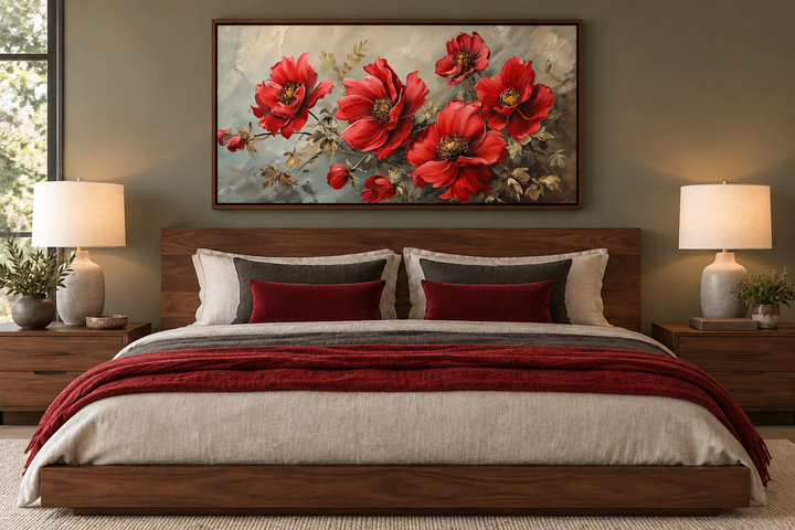 Red abstract flowers framed canvas wall art hanging above a walnut bed in a modern bedroom.