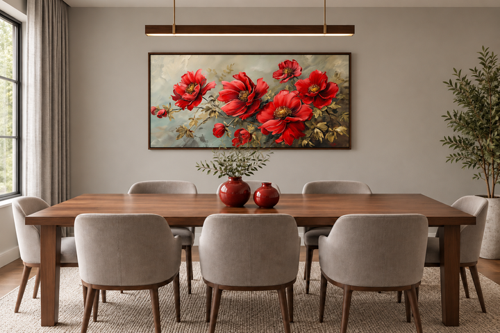 Red abstract flowers framed canvas wall art hanging above a wooden dining table with grey chairs.