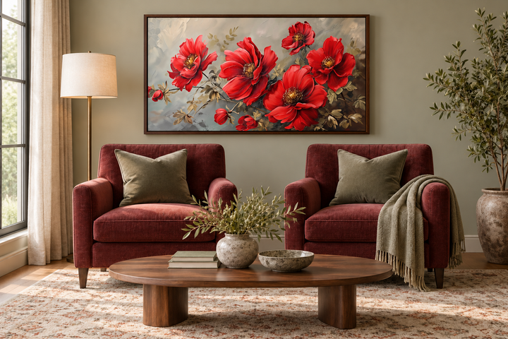 Red abstract flowers framed canvas wall art hanging above two burgundy armchairs in a living room.