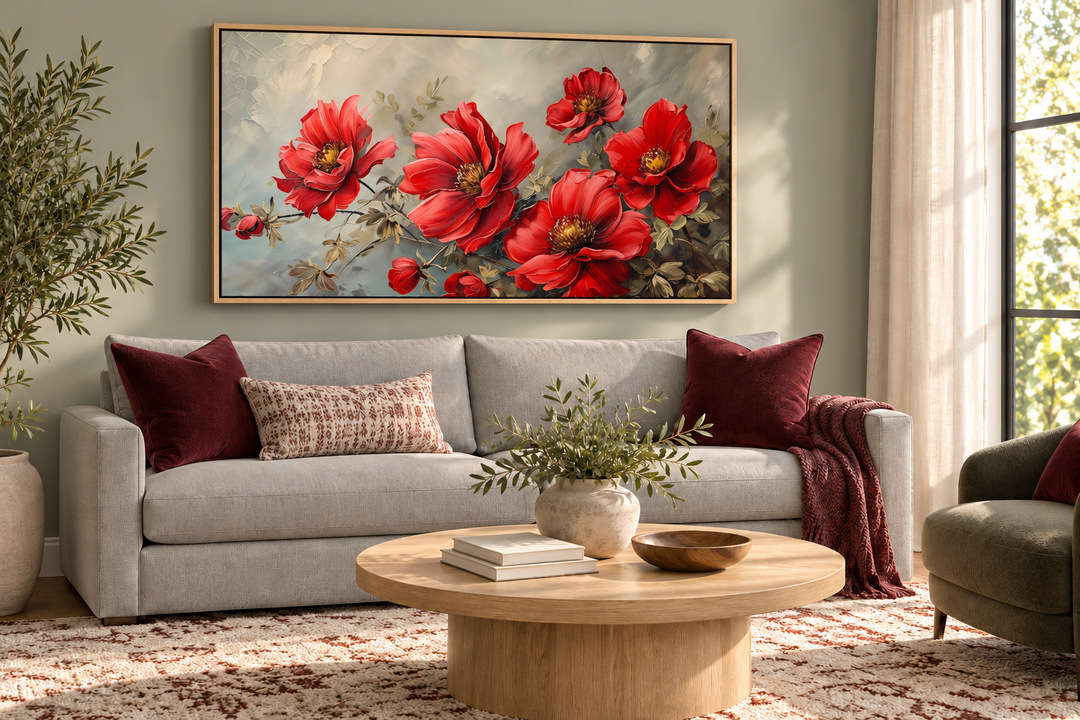 Red abstract flowers framed canvas wall art above a grey sofa in a modern living room.