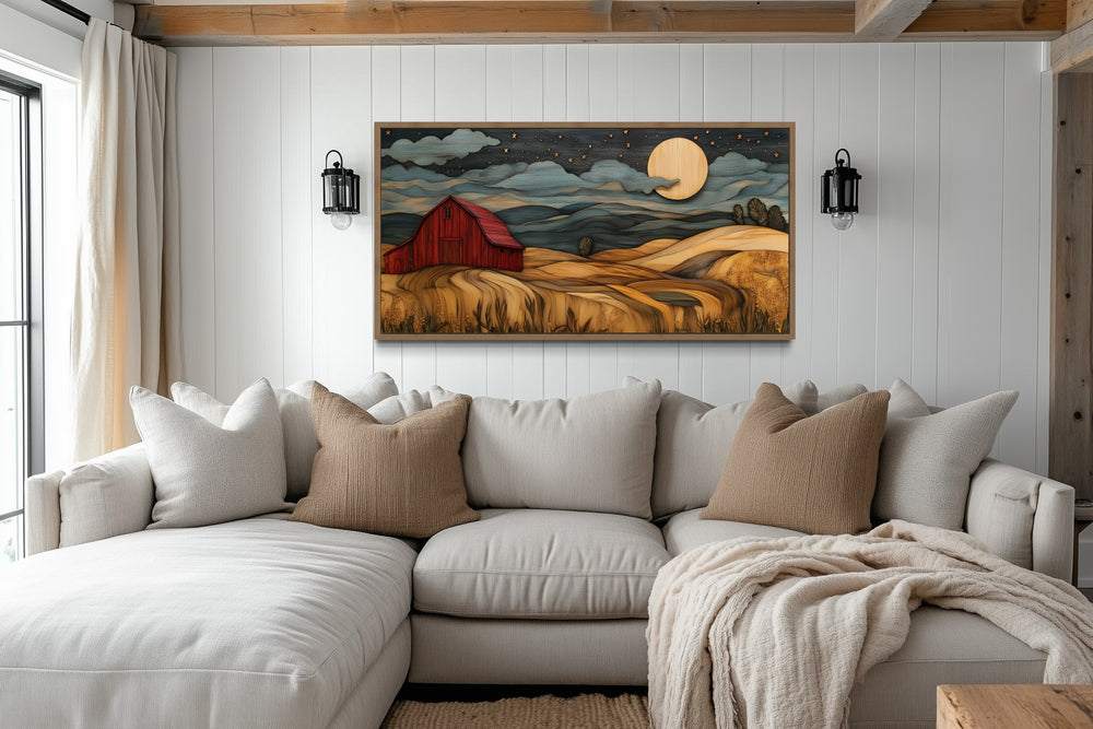 Red Barn And Farm Landscape At Night With Stars And Crescent Moon Wall Art