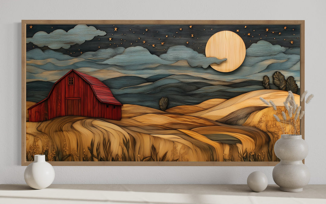 Red Barn And Farm Landscape At Night With Stars And Crescent Moon Wall Art