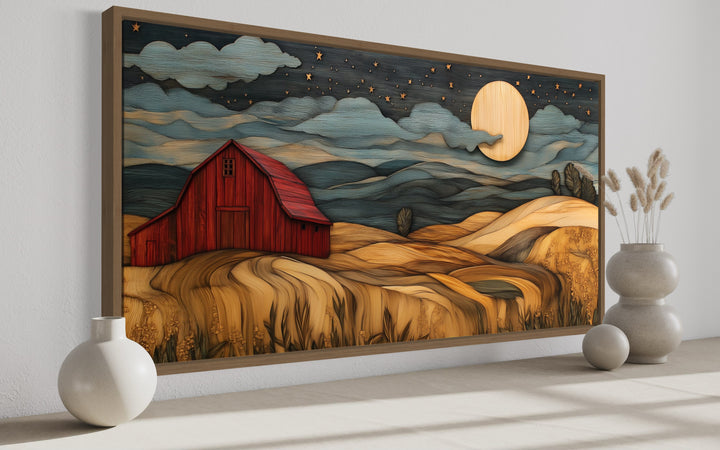 Red Barn And Farm Landscape At Night With Stars And Crescent Moon Wall Art