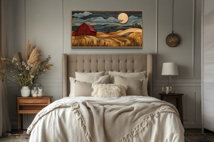 Red Barn And Farm Landscape At Night With Stars And Crescent Moon Wall Art