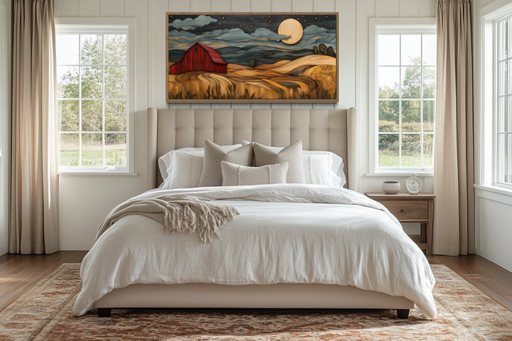 Red Barn And Farm Landscape At Night With Stars And Crescent Moon Wall Art