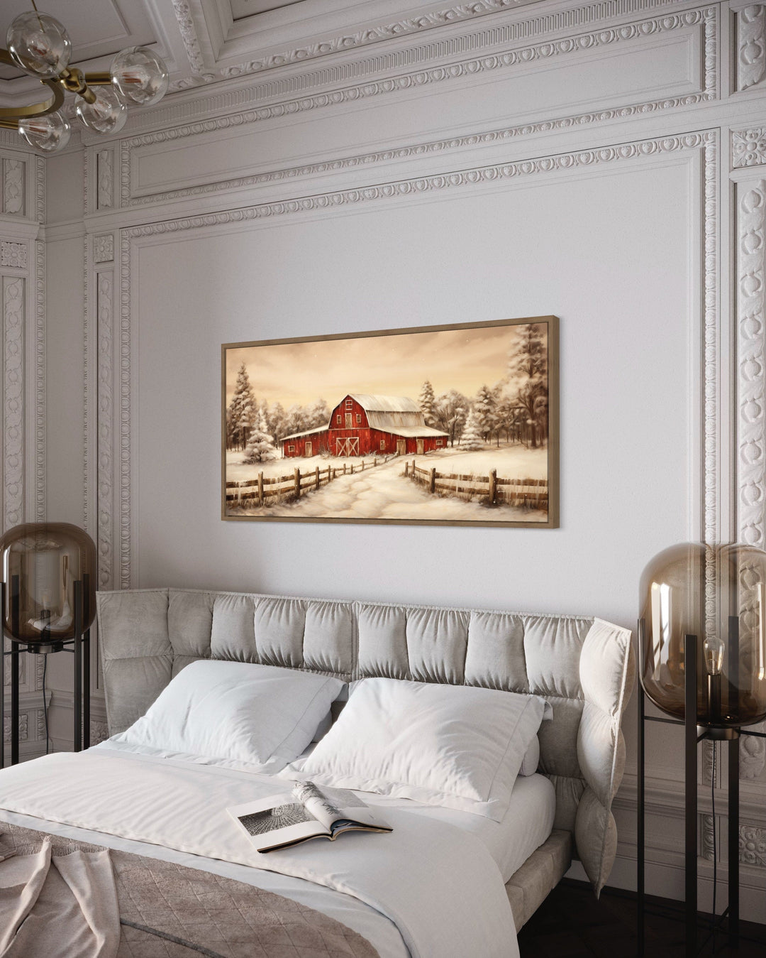 Red Barn In Snow In Winter Framed Canvas Wall Art