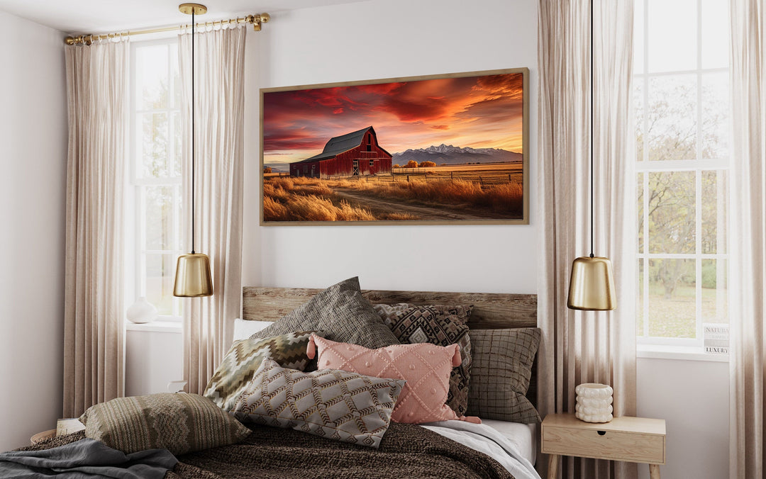 Red Barn In The Fall At Sunset Framed Canvas Wall Art