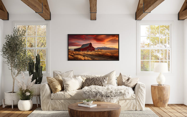 Red Barn In The Fall At Sunset Framed Canvas Wall Art