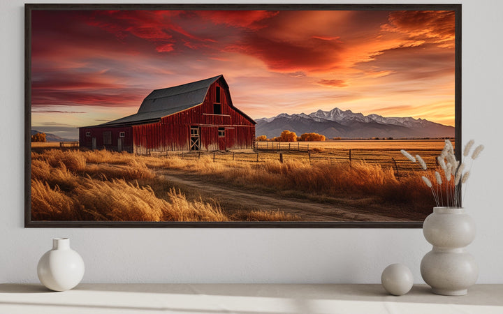 Red Barn In The Fall At Sunset Framed Canvas Wall Art