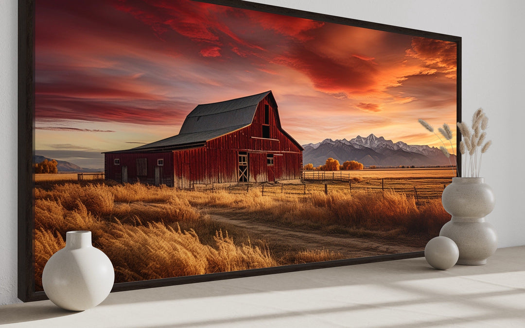 Red Barn In The Fall At Sunset Framed Canvas Wall Art