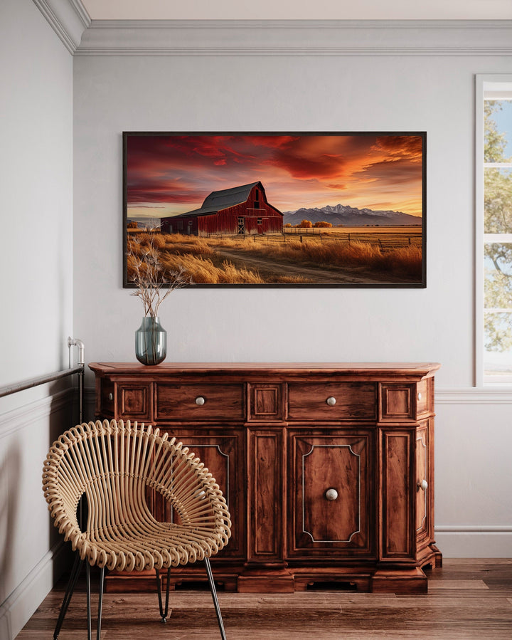 Red Barn In The Fall At Sunset Framed Canvas Wall Art