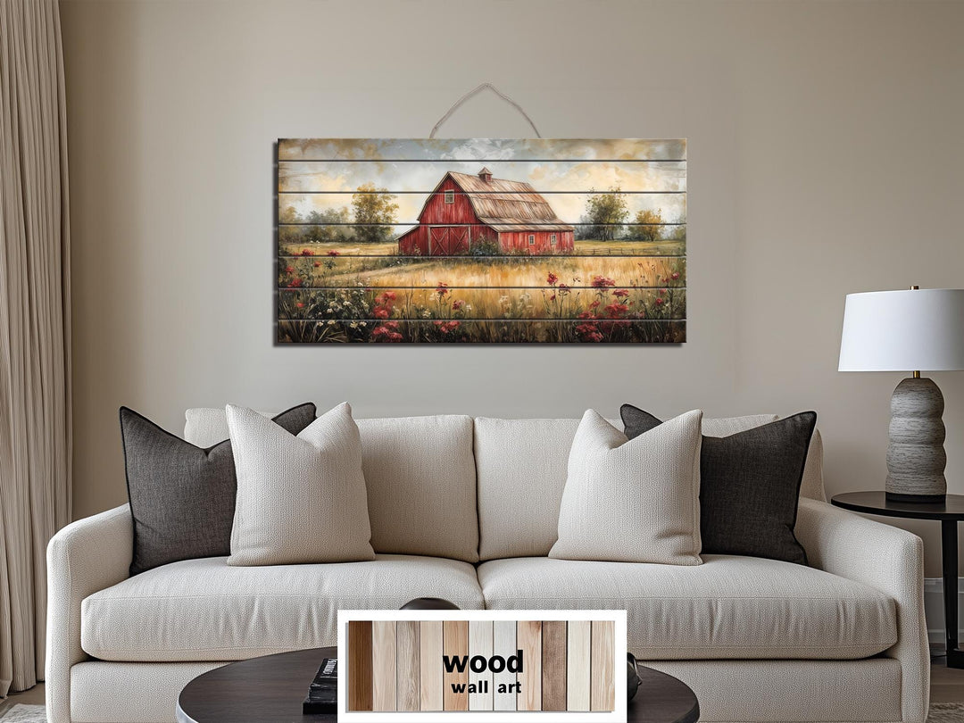 Red Barn In Wildflower Field Distressed Wood Wall Art