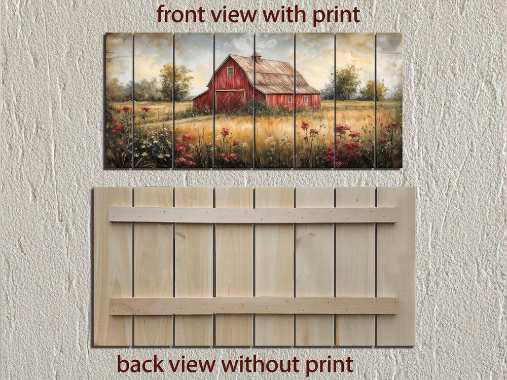 Red Barn In Wildflower Field Distressed Wood Wall Art