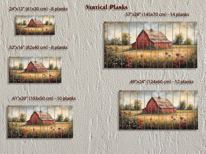 Red Barn In Wildflower Field Distressed Wood Wall Art
