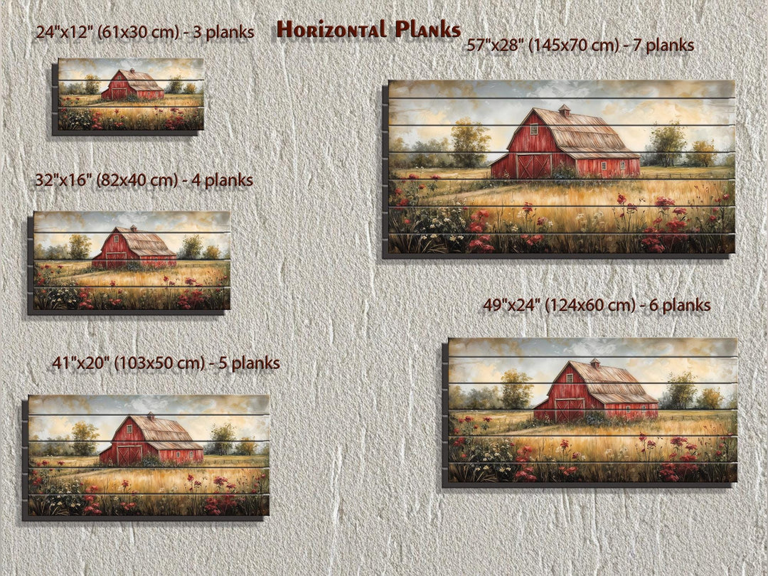 Red Barn In Wildflower Field Distressed Wood Wall Art