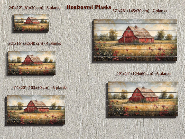 Red Barn In Wildflower Field Distressed Wood Wall Art