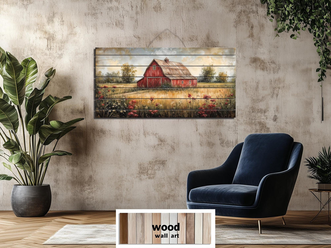 Red Barn In Wildflower Field Distressed Wood Wall Art