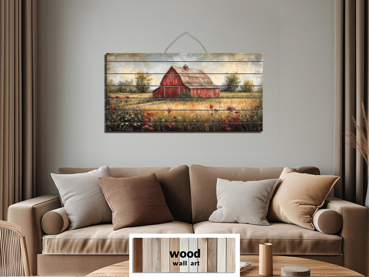 Red Barn In Wildflower Field Distressed Wood Wall Art