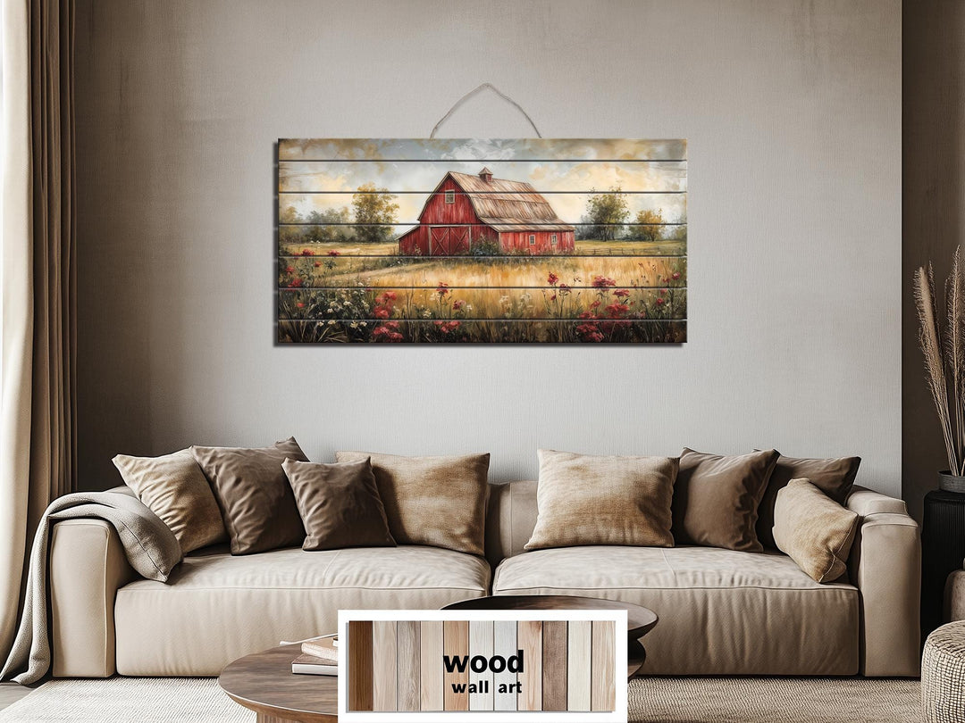 Red Barn In Wildflower Field Distressed Wood Wall Art