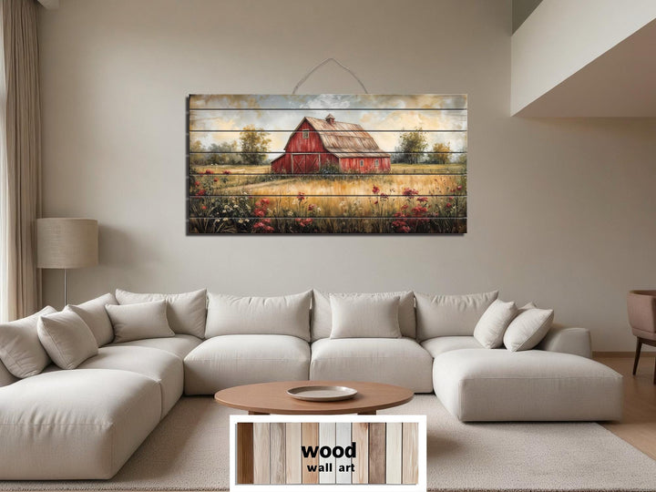 Red Barn In Wildflower Field Distressed Wood Wall Art