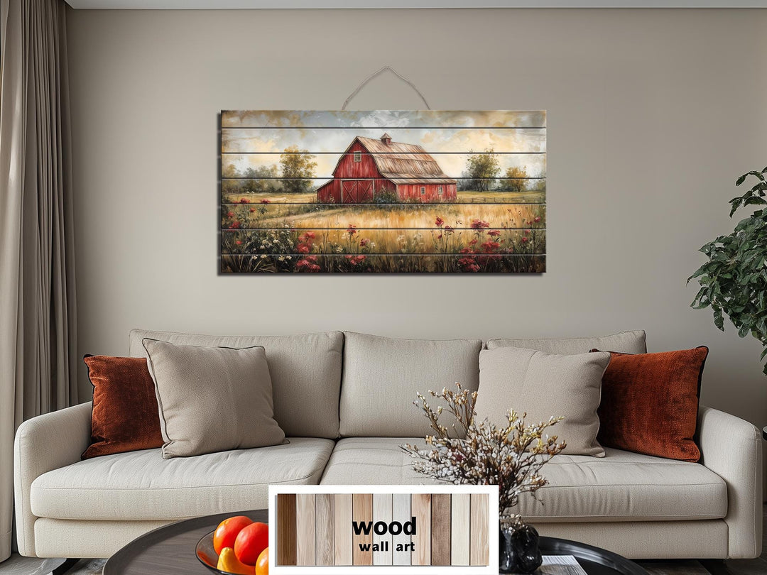 Red Barn In Wildflower Field Distressed Wood Wall Art