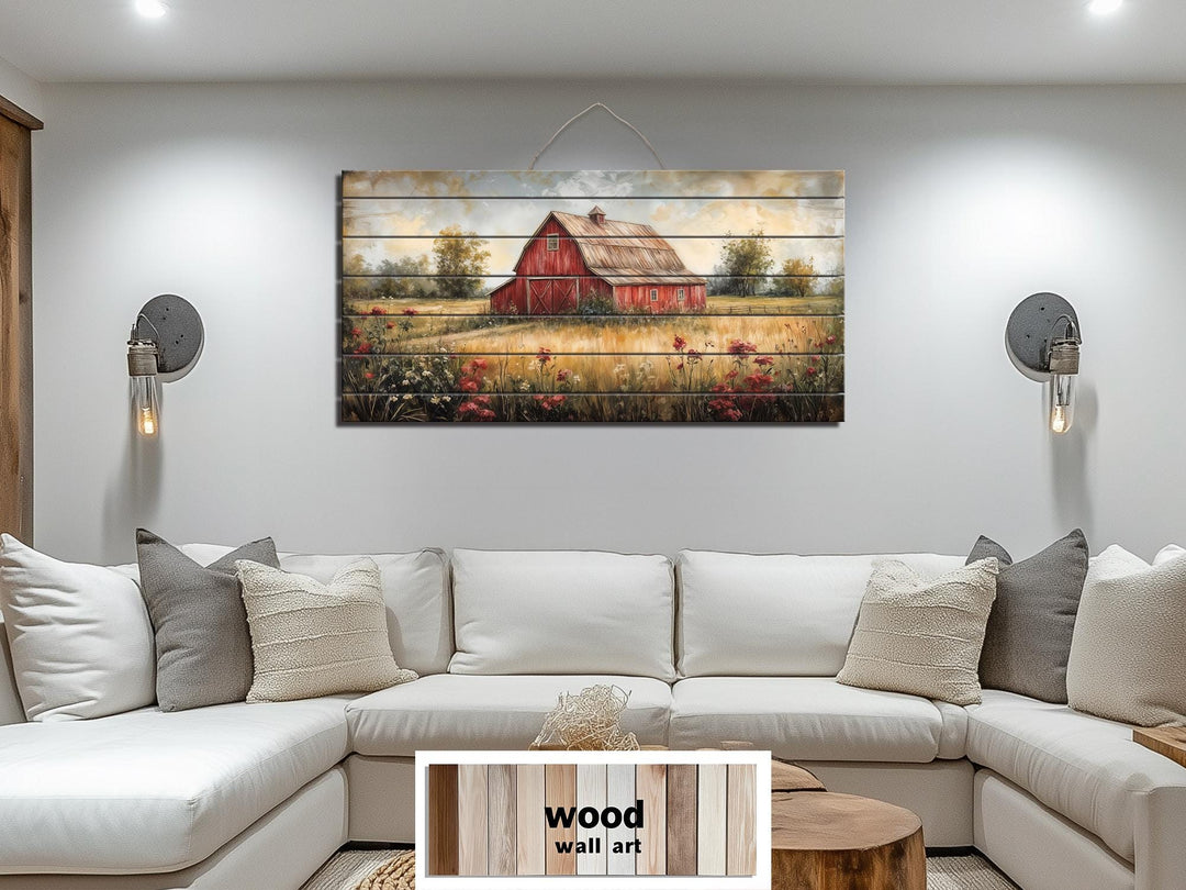 Red Barn In Wildflower Field Distressed Wood Wall Art