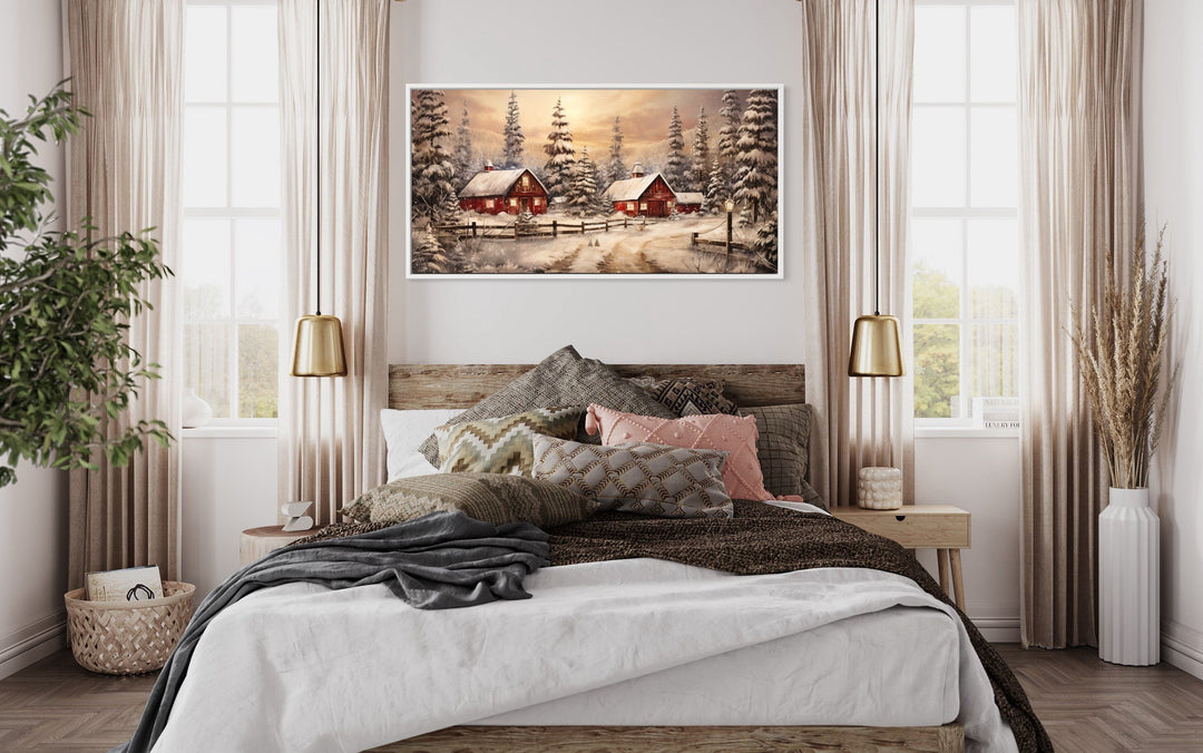 Red Barn In Winter Christmas Farm Framed Canvas Wall Art