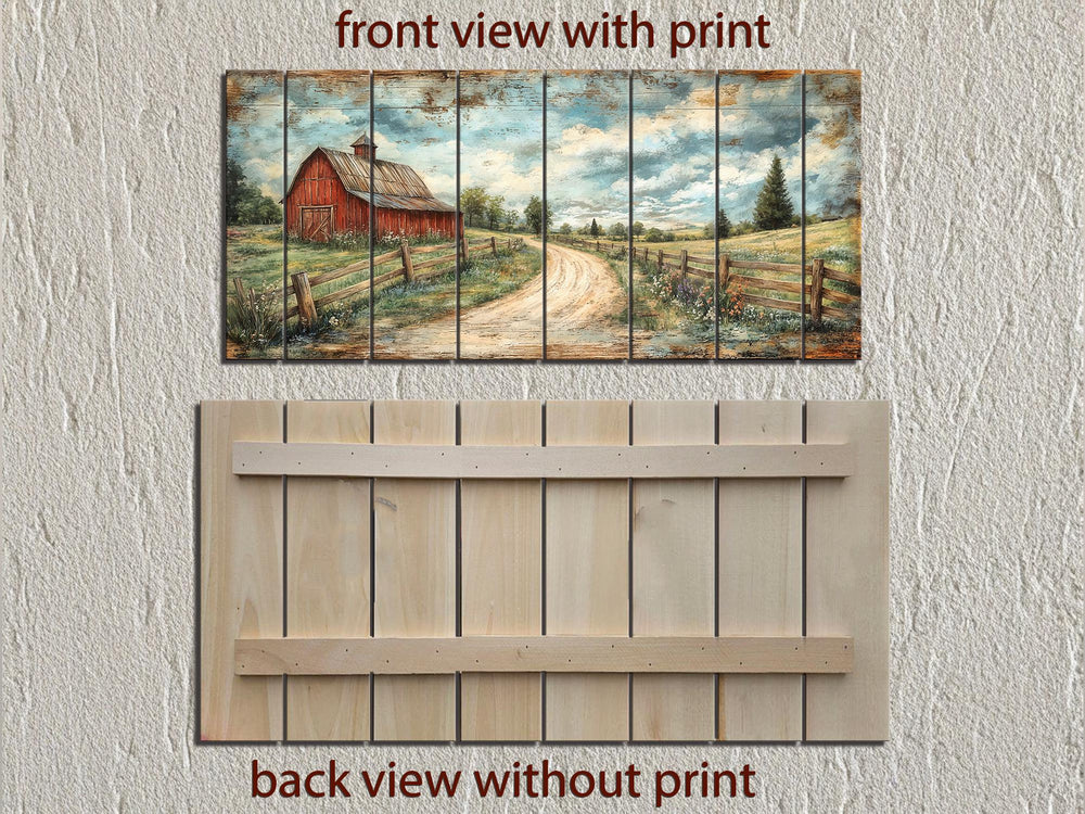 Large horizontal wood wall art featuring a rustic red barn landscape on natural wooden planks.