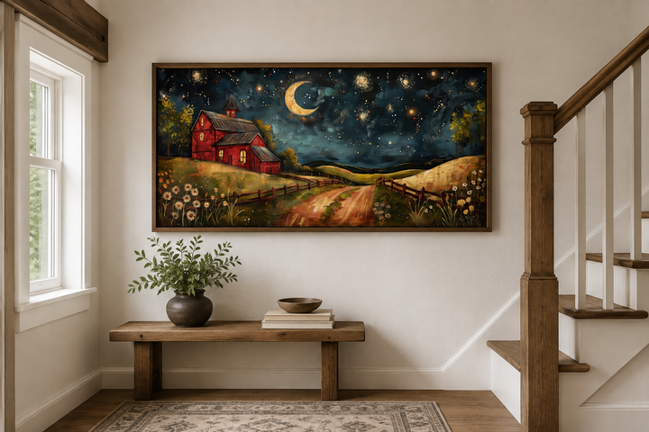 Red barn wall art under a starry night sky with a crescent moon, displayed above a wooden bench.