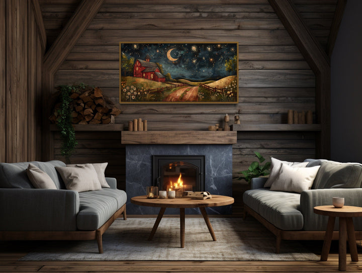 Red Barn On The Farm At Night Under Stars And Moon Crescent Wall Art