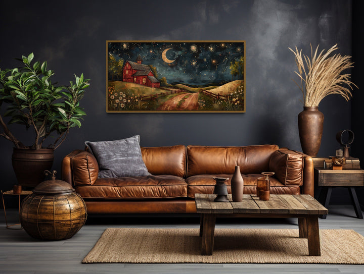 Red Barn On The Farm At Night Under Stars And Moon Crescent Wall Art