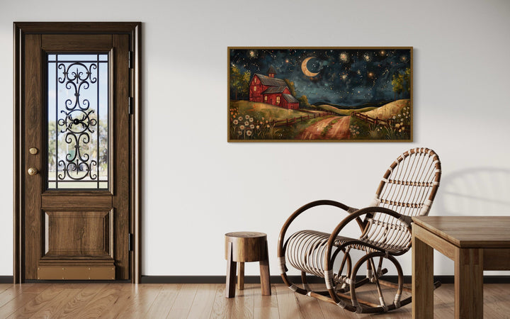 Red Barn On The Farm At Night Under Stars And Moon Crescent Wall Art