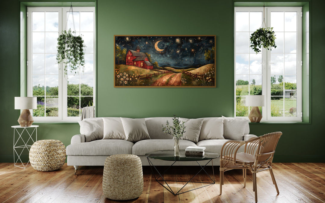 Red Barn On The Farm At Night Under Stars And Moon Crescent Wall Art