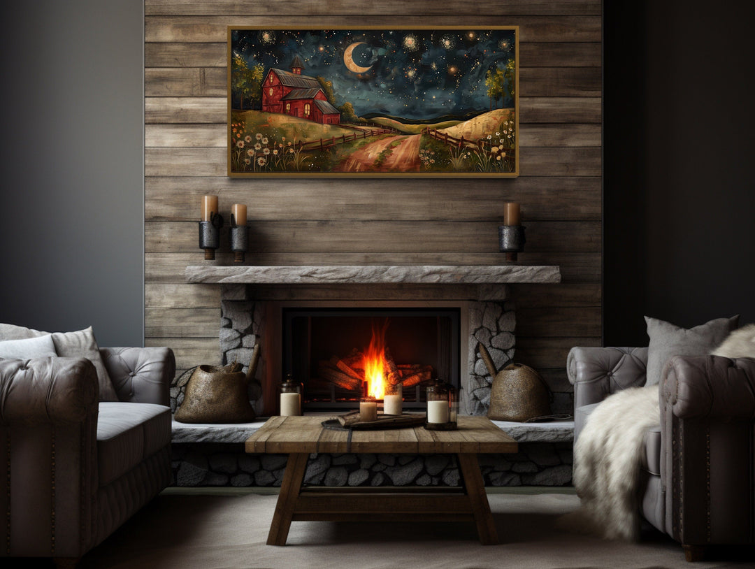 Red Barn On The Farm At Night Under Stars And Moon Crescent Wall Art