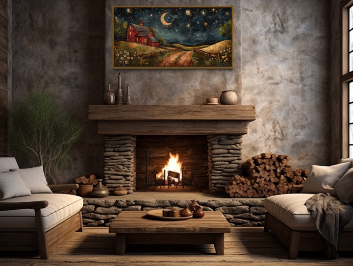 Red Barn On The Farm At Night Under Stars And Moon Crescent Wall Art