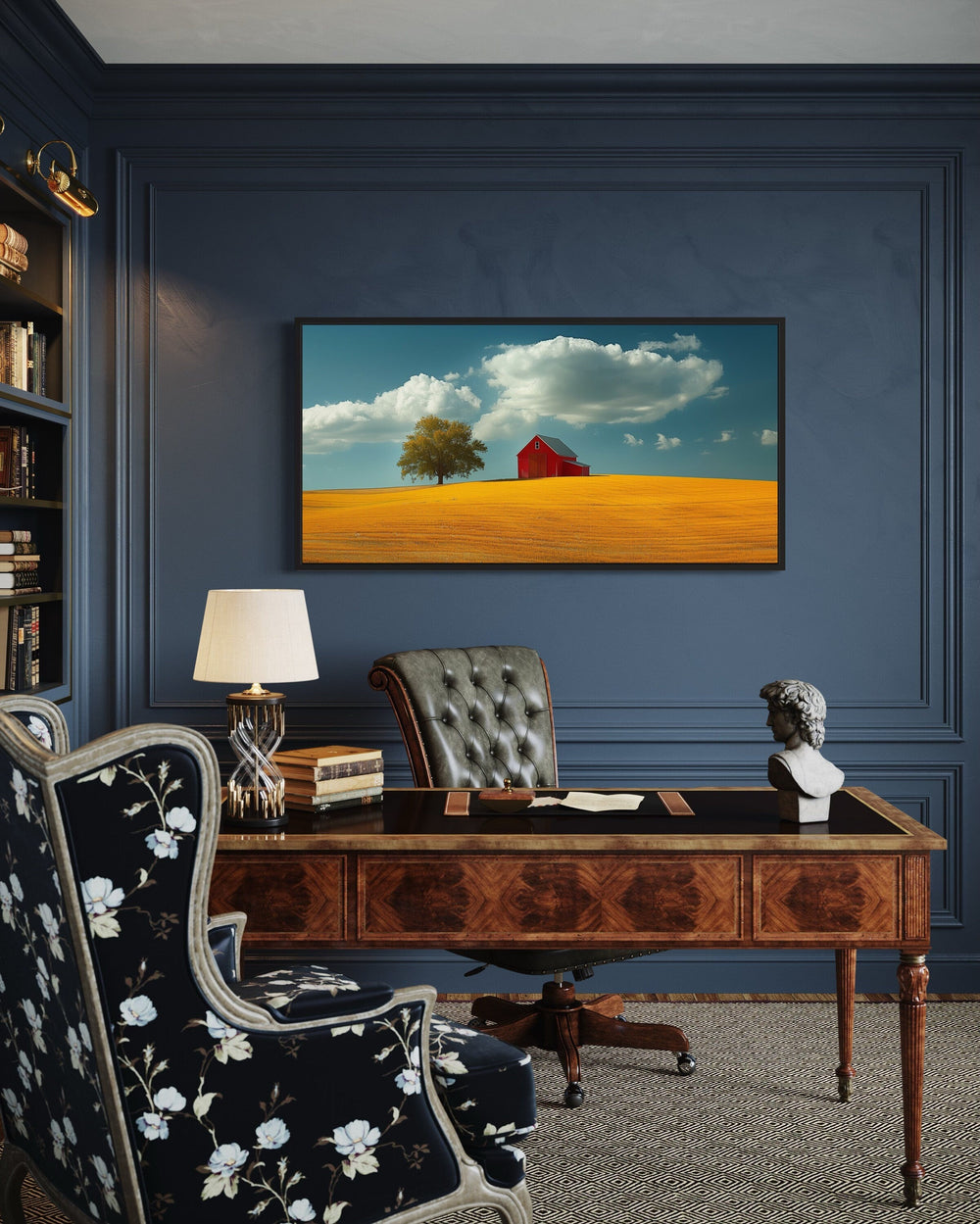 Red Barn Wall Art – Framed Yellow Field Painting | Rustic Farmhouse Decor