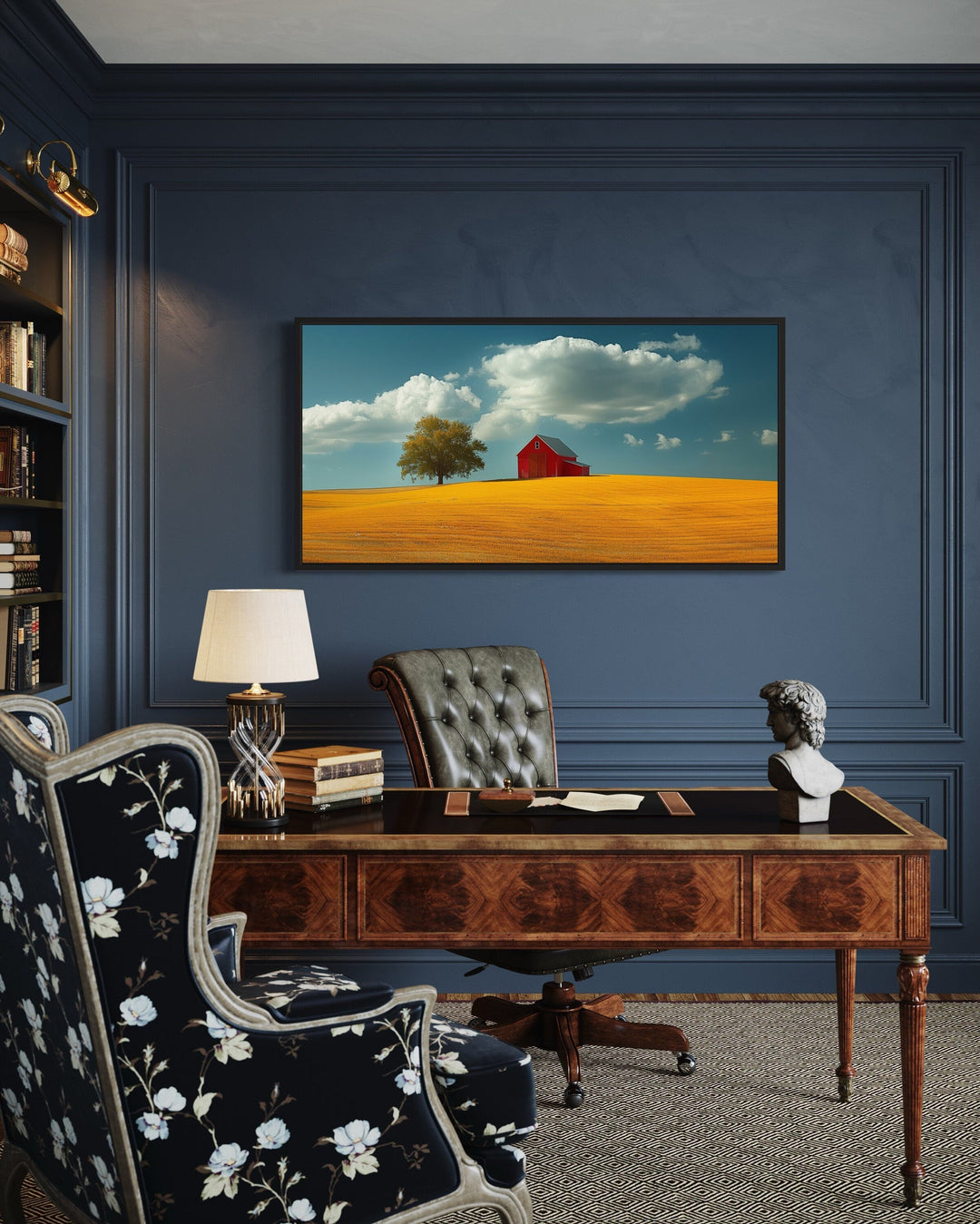 Red Barn Wall Art – Framed Yellow Field Painting | Rustic Farmhouse Decor