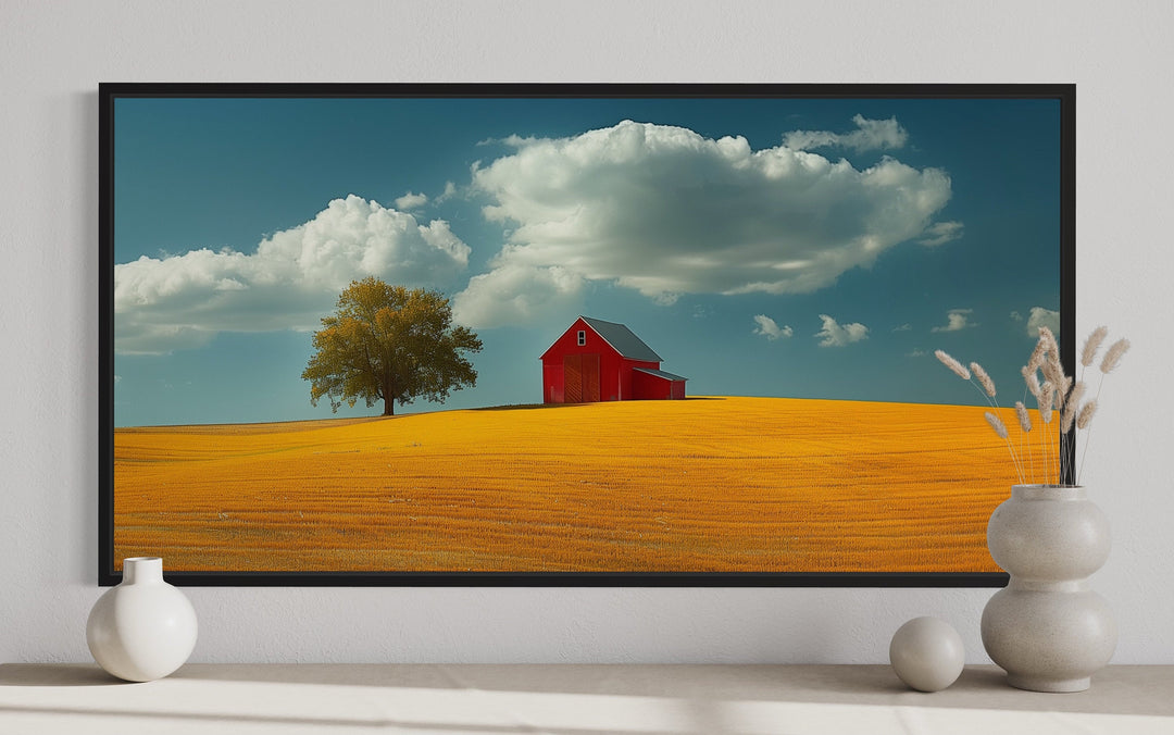 Red Barn Wall Art – Framed Yellow Field Painting | Rustic Farmhouse Decor