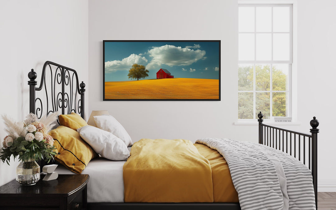 Red Barn Wall Art – Framed Yellow Field Painting | Rustic Farmhouse Decor