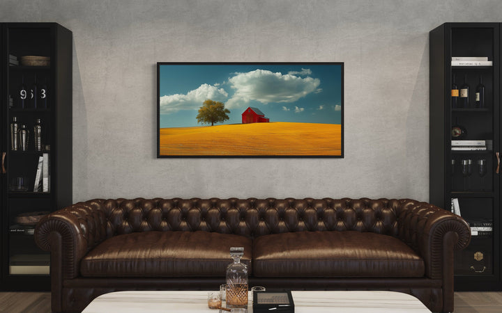Red Barn Wall Art – Framed Yellow Field Painting | Rustic Farmhouse Decor