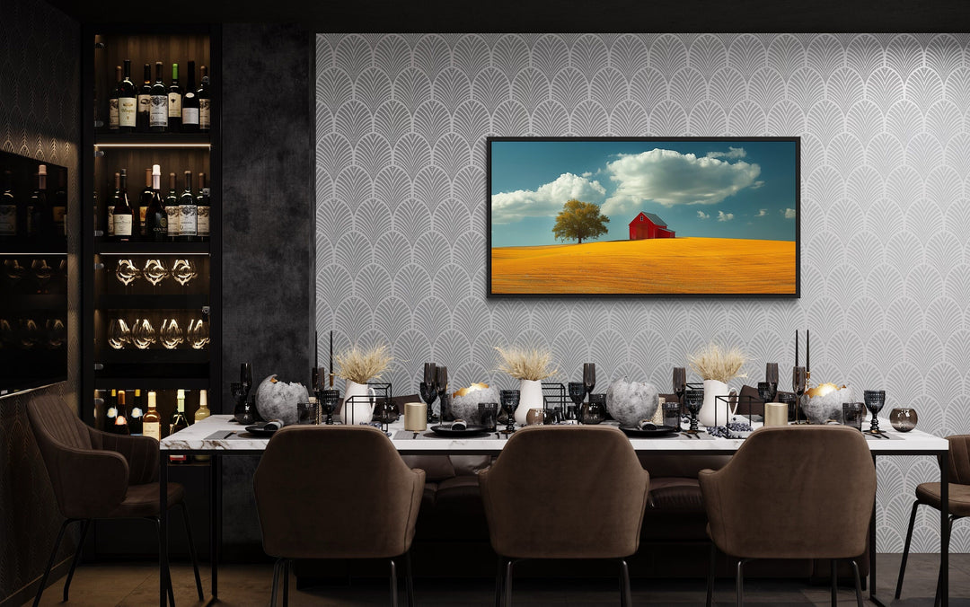 Red Barn Wall Art – Framed Yellow Field Painting | Rustic Farmhouse Decor