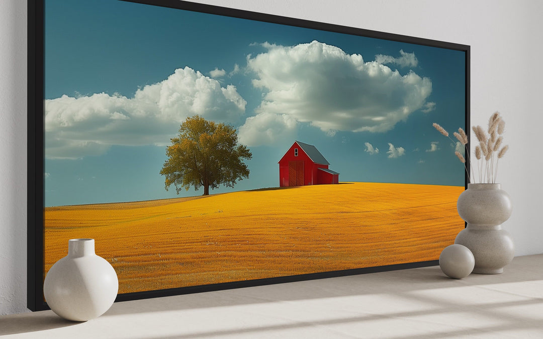 Red Barn Wall Art – Framed Yellow Field Painting | Rustic Farmhouse Decor