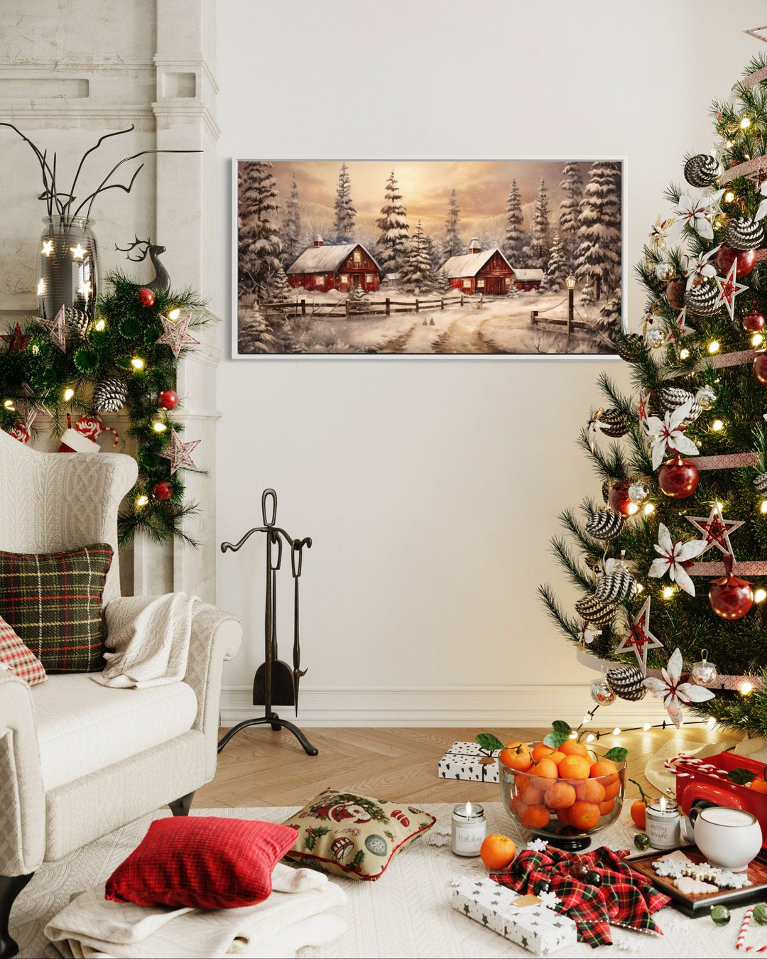 Red Barn Wall Art - Rustic Christmas Farm Art Framed Canvas for Cozy Farmhouse Decor