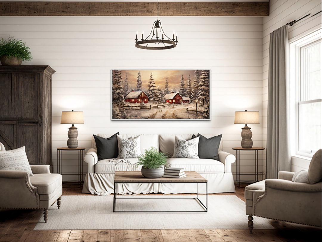Red Barn Wall Art - Rustic Christmas Farm Art Framed Canvas for Cozy Farmhouse Decor