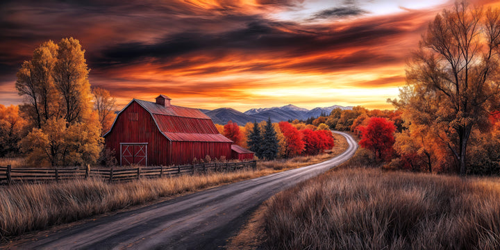 Rustic red barn canvas art with autumn trees, a winding road, and a sunset over distant mountains.