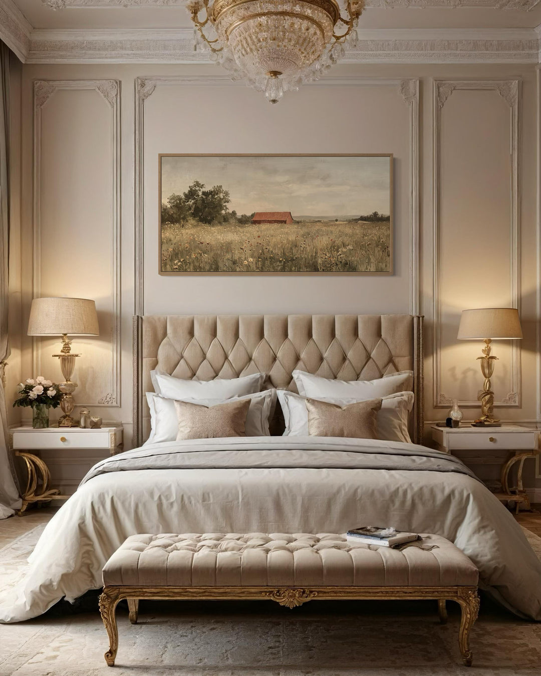 Red barn in a wildflower field landscape painting hanging above a tufted headboard in a bedroom.