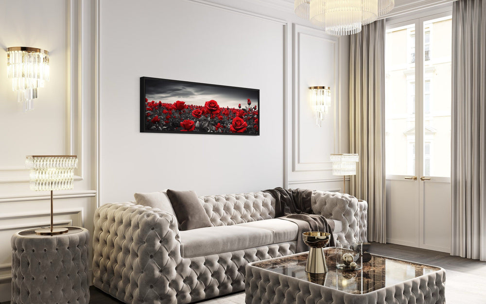 Red Black White Horizontal Roses Framed Canvas Wall Art above white couch