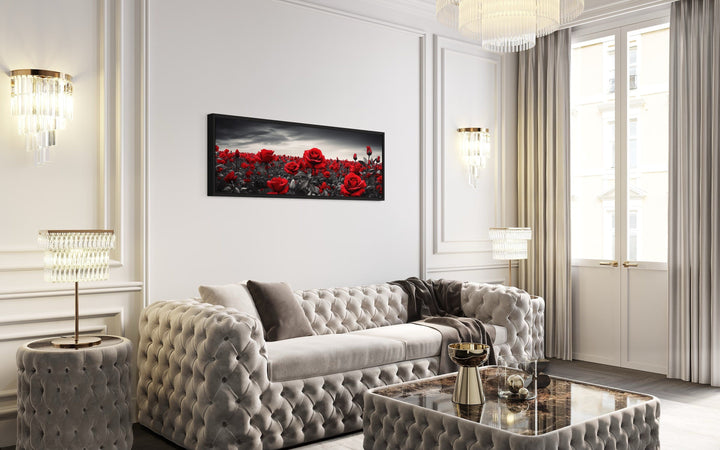 Red Black White Horizontal Roses Framed Canvas Wall Art