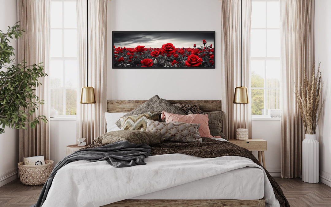 Red Black White Horizontal Roses Framed Canvas Wall Art