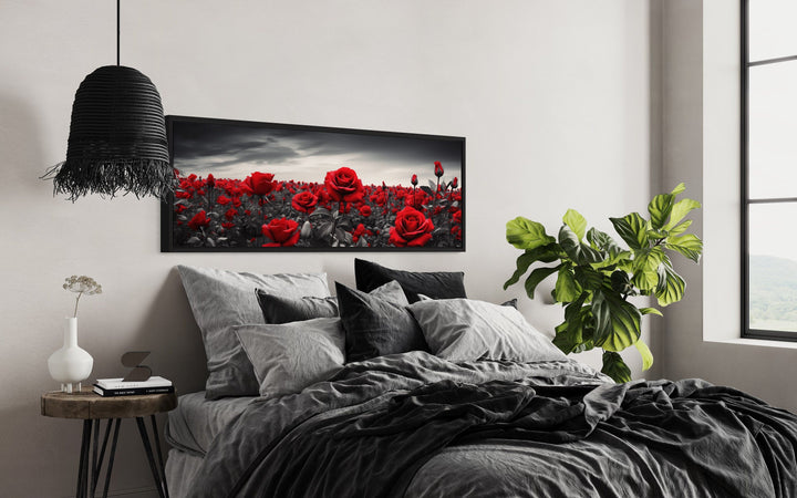 Red Black White Horizontal Roses Framed Canvas Wall Art